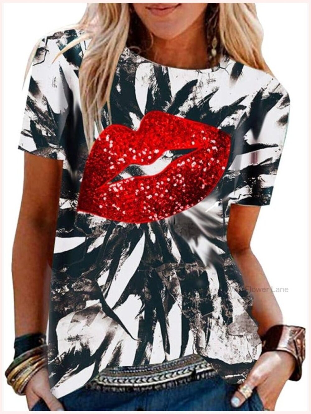 Sequin Lips Short Sleeve T-Shirt - Funny Graphic Tee Blouse